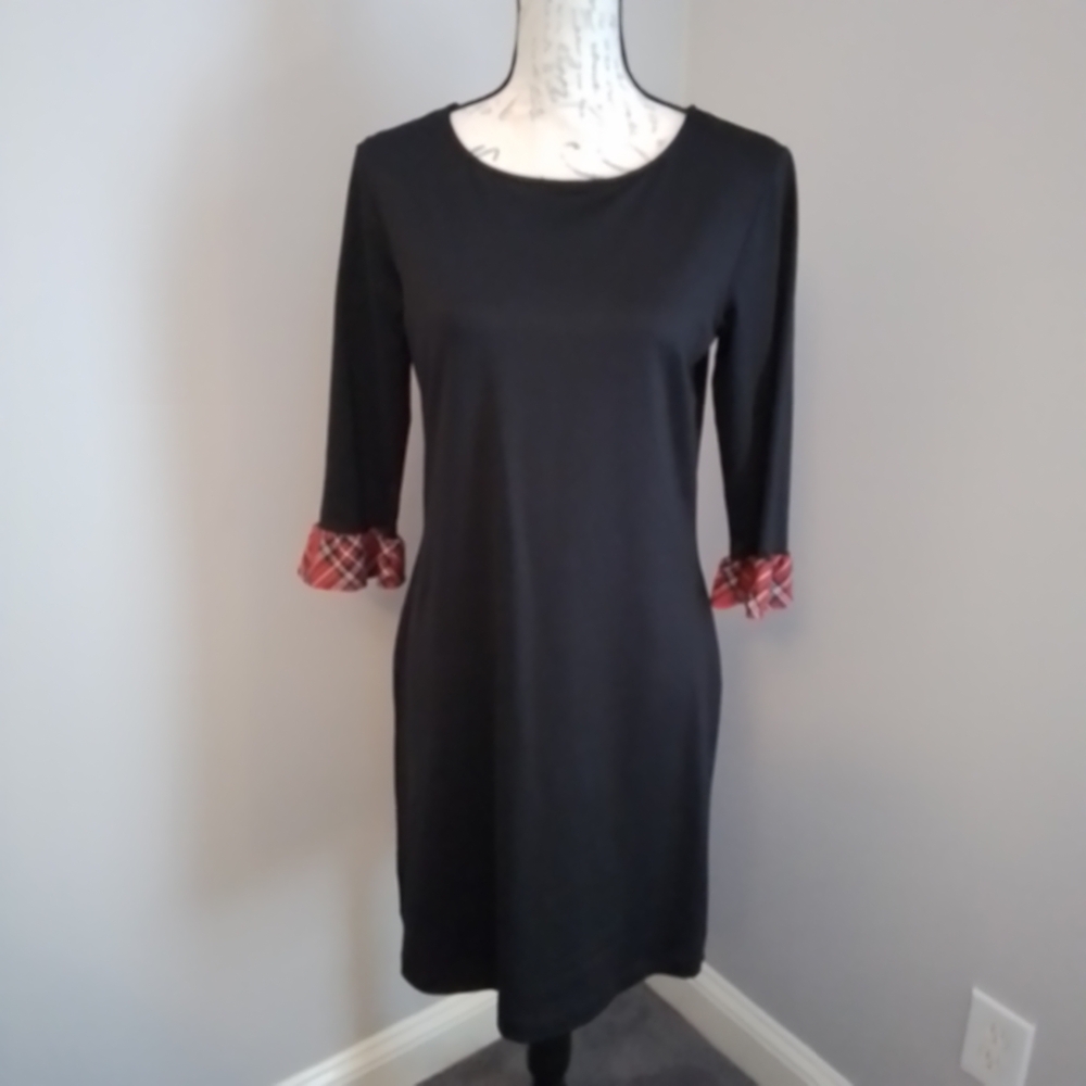 Sailor-Sailor Chic Holiday Black Dress with Red Tartan Plaid Cuffs - S